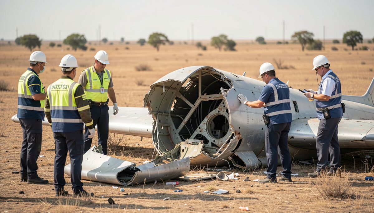 Investigators examining aircraft wreckage in a dry field.