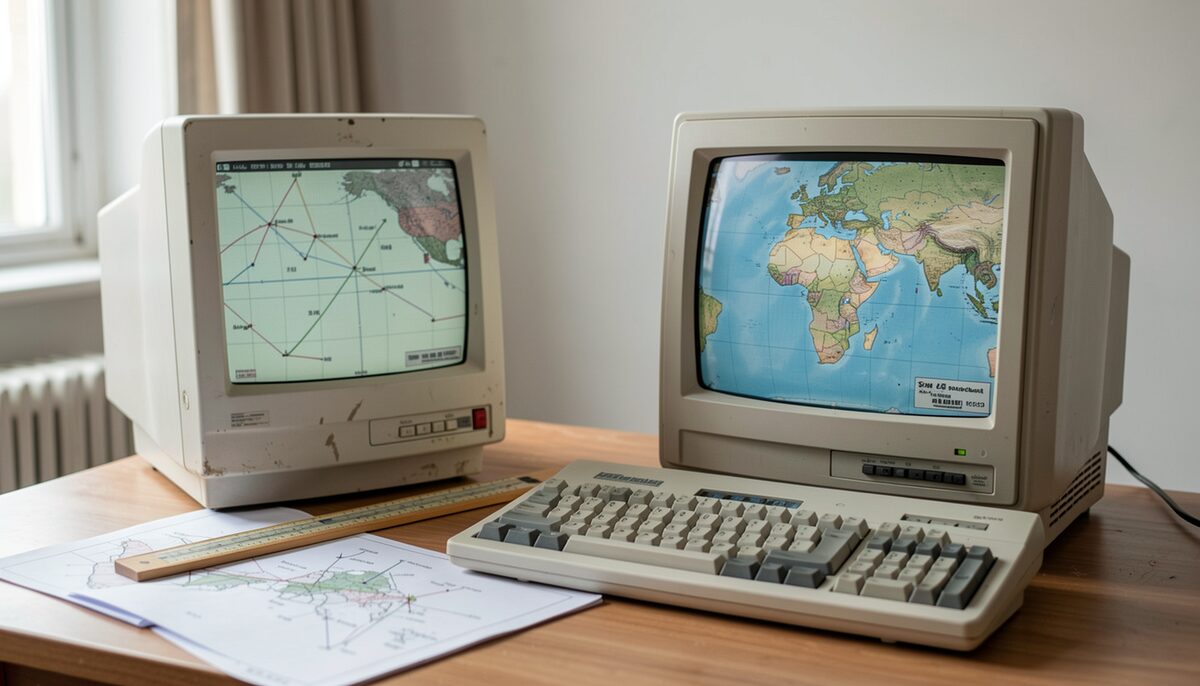 Two older desktop computers beside printed maps.