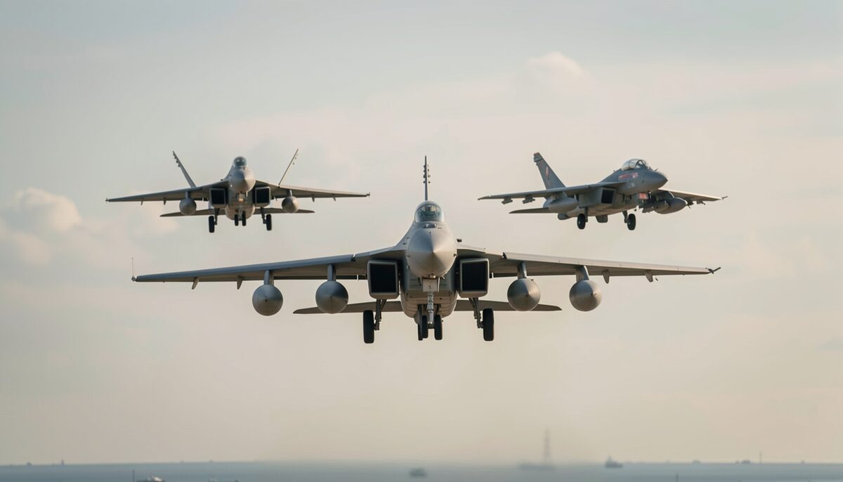 Military aircraft flying in a close formation.